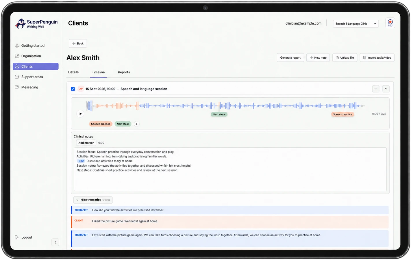 The SuperPenguin dashboard on a tablet, open on a client's session: the recording as a coloured waveform with labels on it, the clinical notes and the transcript.