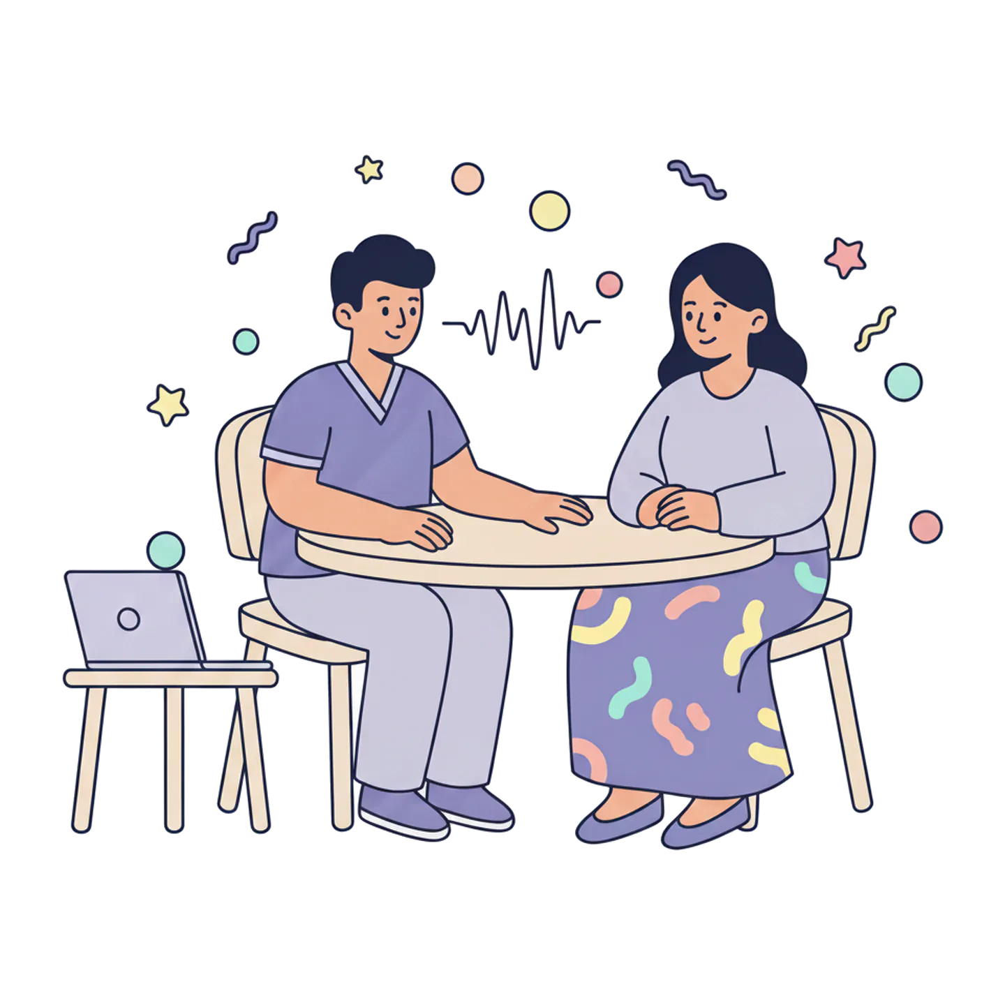 A clinician and a carer looking at each other across a round table, with their hands clear of an open laptop on a nearby stand.
