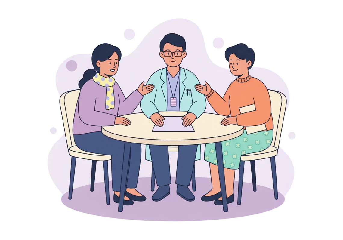 A carer, a clinician and a researcher talking together around a small round table, with a blank sheet of paper between them.