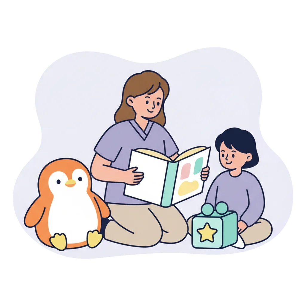 A carer kneeling with an open picture book beside a child, with a soft penguin toy and a play cube on the floor.