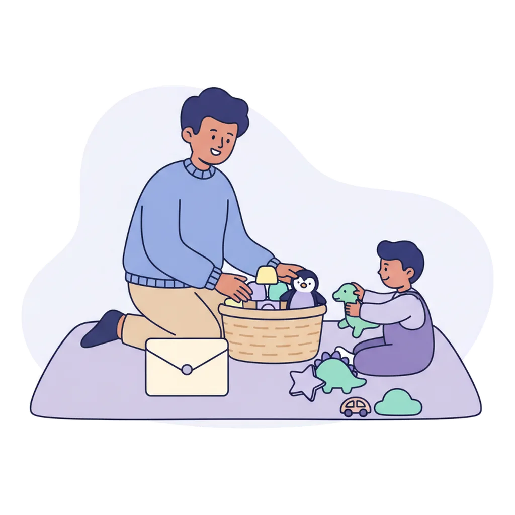 A carer packing a basket of small activities on a play mat while a child picks up a toy dinosaur, with a closed paper folder beside them.
