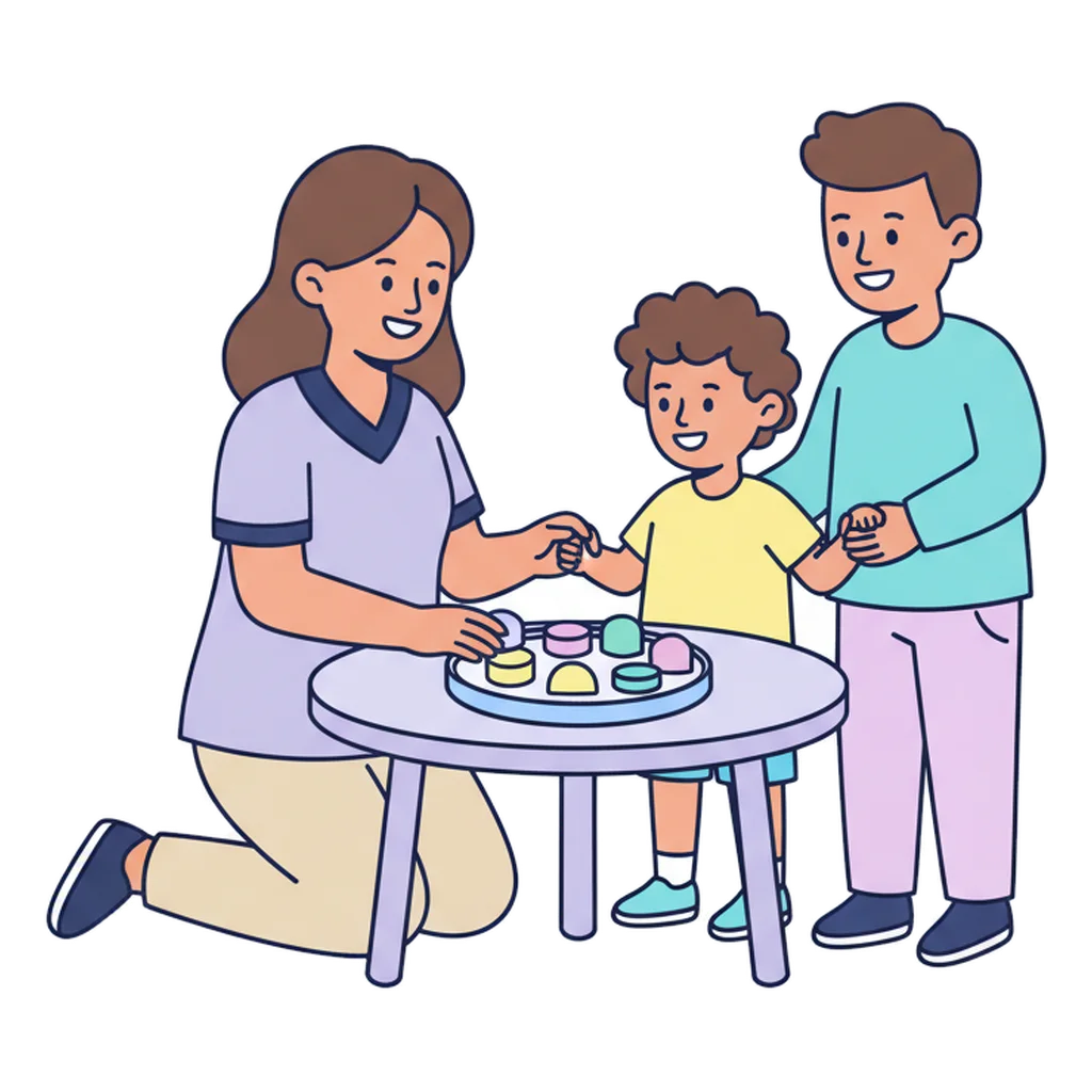 A speech and language therapist showing a turn-taking activity on a small round table to a child and a carer standing together.
