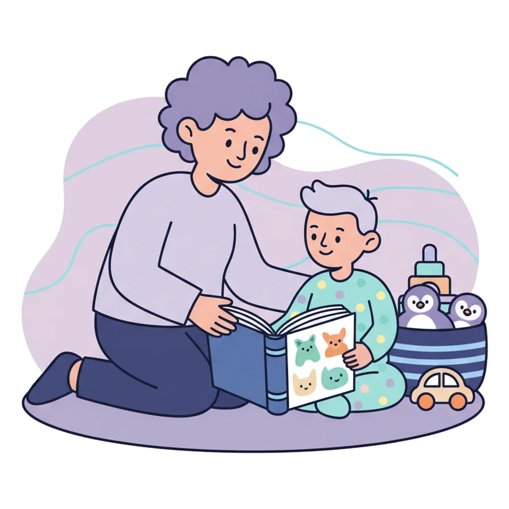A carer and child sitting on a rug with a picture book open between them and a basket of toys put away at their side.