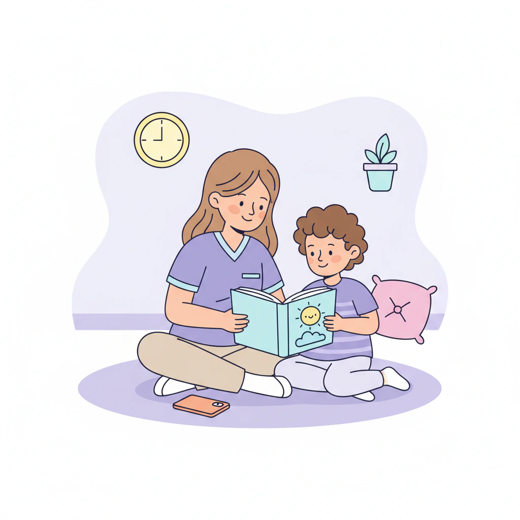 A parent and child sharing an activity at home.