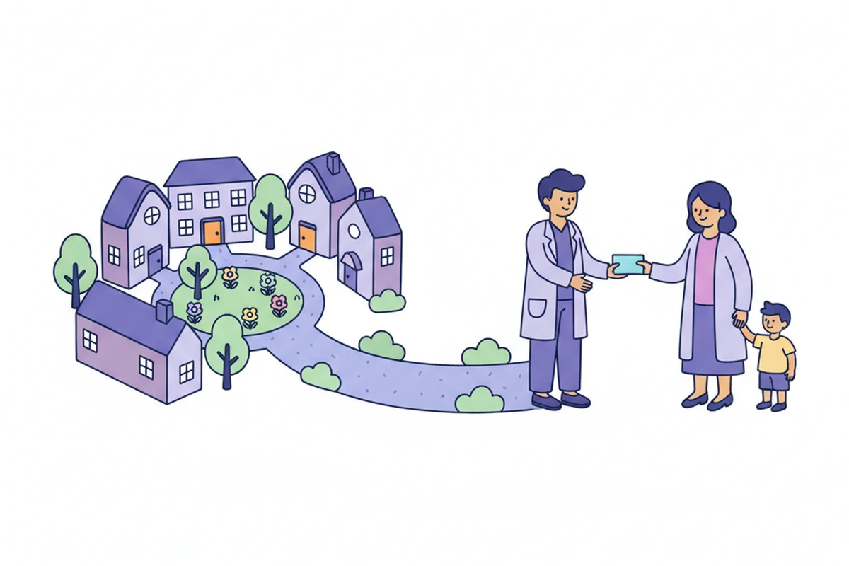 A small neighbourhood of homes around a shared green space, with a path leading to a clinician handing a plain card to a carer standing with her child.