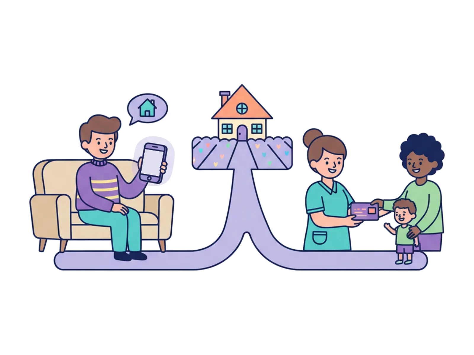 On the left a parent at home holding a phone, on the right a professional handing an activation-code card to a parent standing with a child, both on one path that leads up to a home.