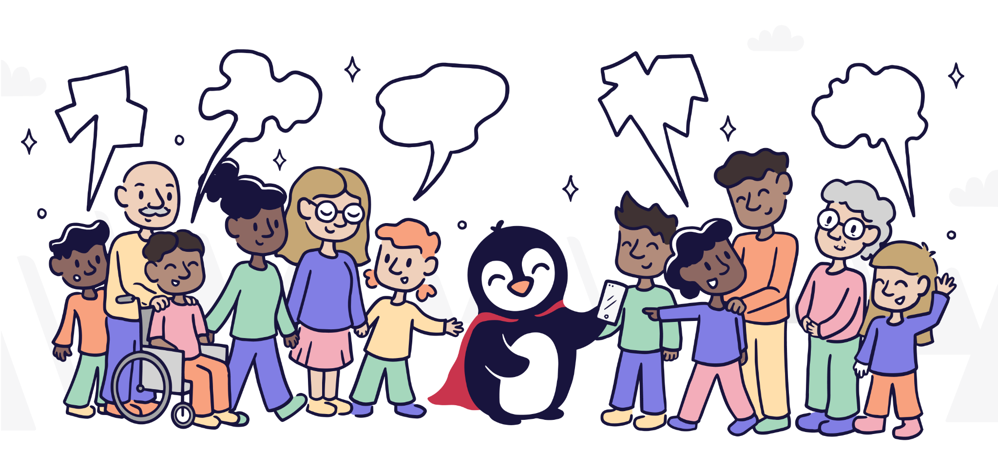 Children and adults of different ages, including a wheelchair user, standing together with SuperPenguin.