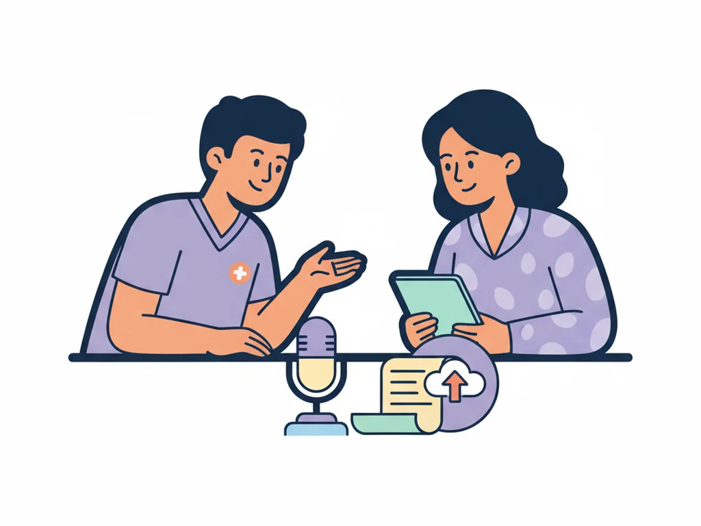 A clinician and a carer talking across a desk, with a microphone and a sheet of paper beside an upload symbol in front of them.