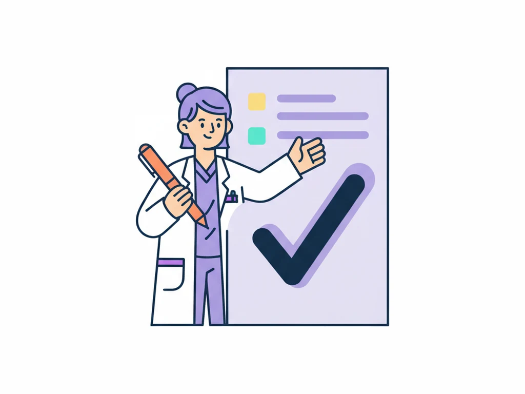 A clinician holding a pen beside a document that carries one large tick.