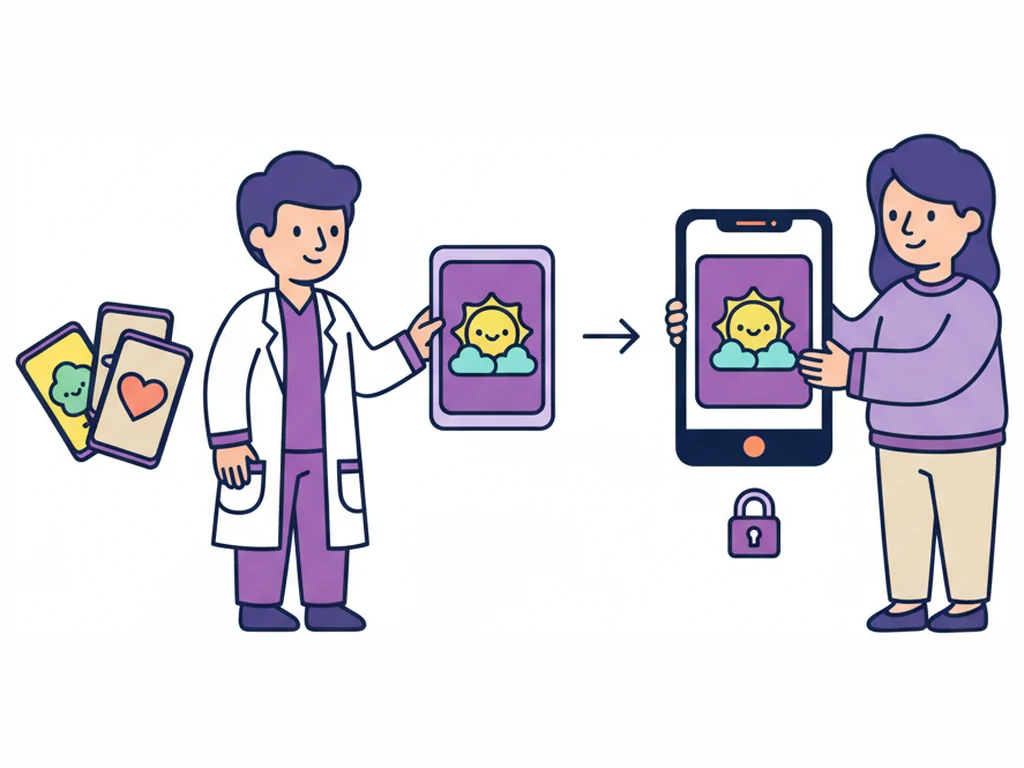 A clinician choosing one of three plain activity cards and passing it to a parent holding a phone, with a closed padlock below.