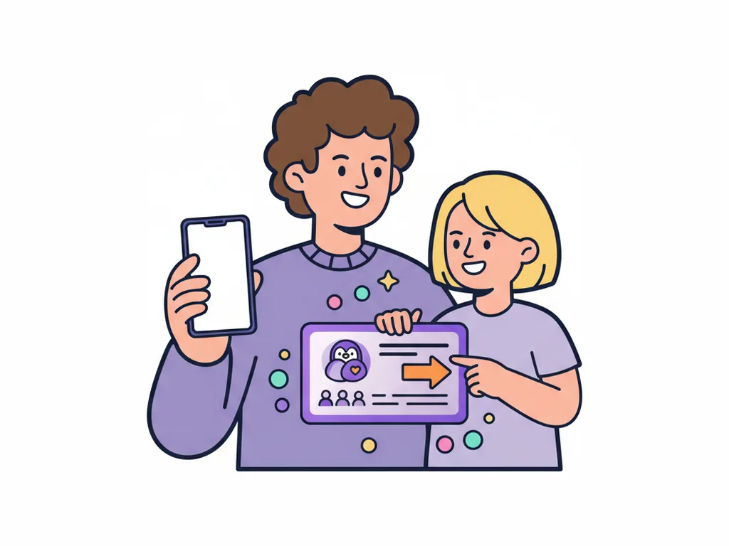 A parent holding a phone and a child looking together at a simple service invitation card, with an arrow pointing the way in.