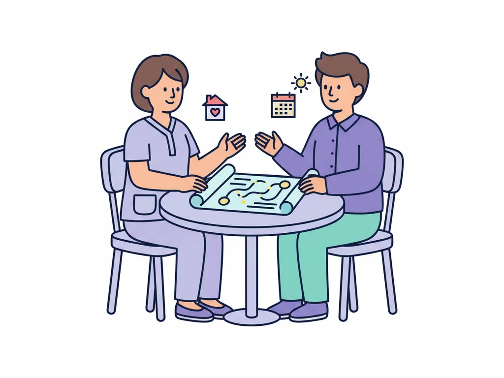 Two service professionals talking across a small round table with a shared plan open between them, and simple home and calendar symbols above.