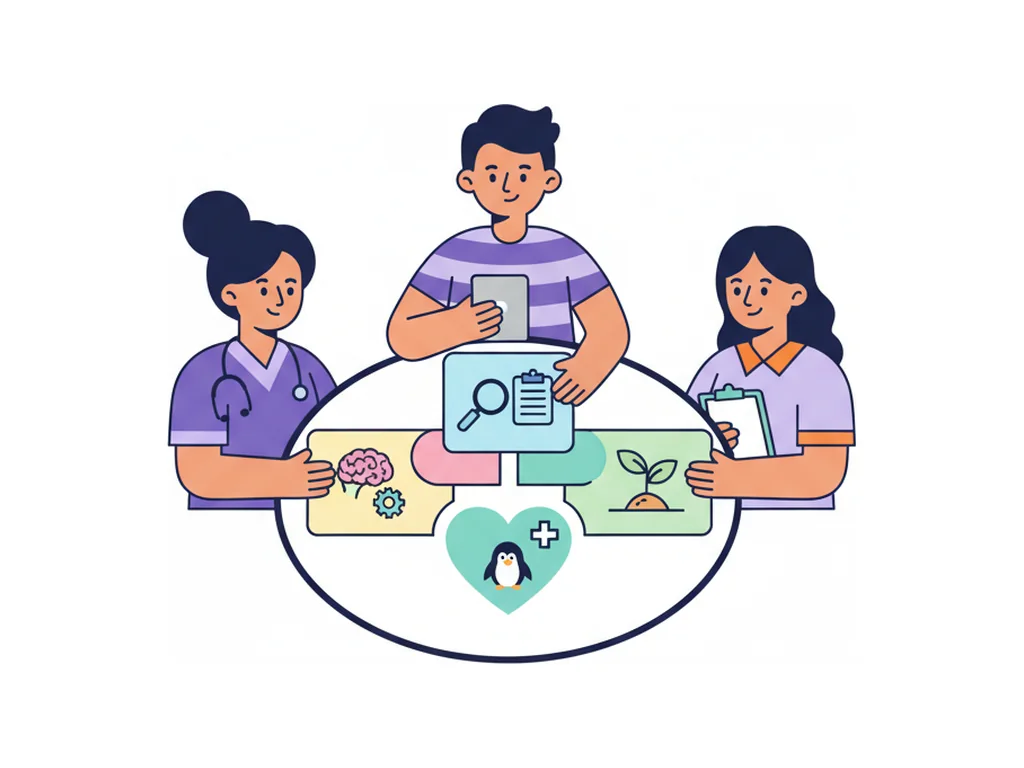Three people from different working backgrounds bringing simple cards of what they can contribute to one shared table.