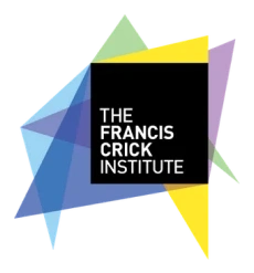 A geometric logo for The Francis Crick Institute with the name displayed inside abstract, overlapping shapes
