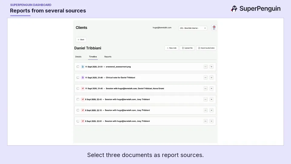 SuperPenguin dashboard showing documents selected as report sources