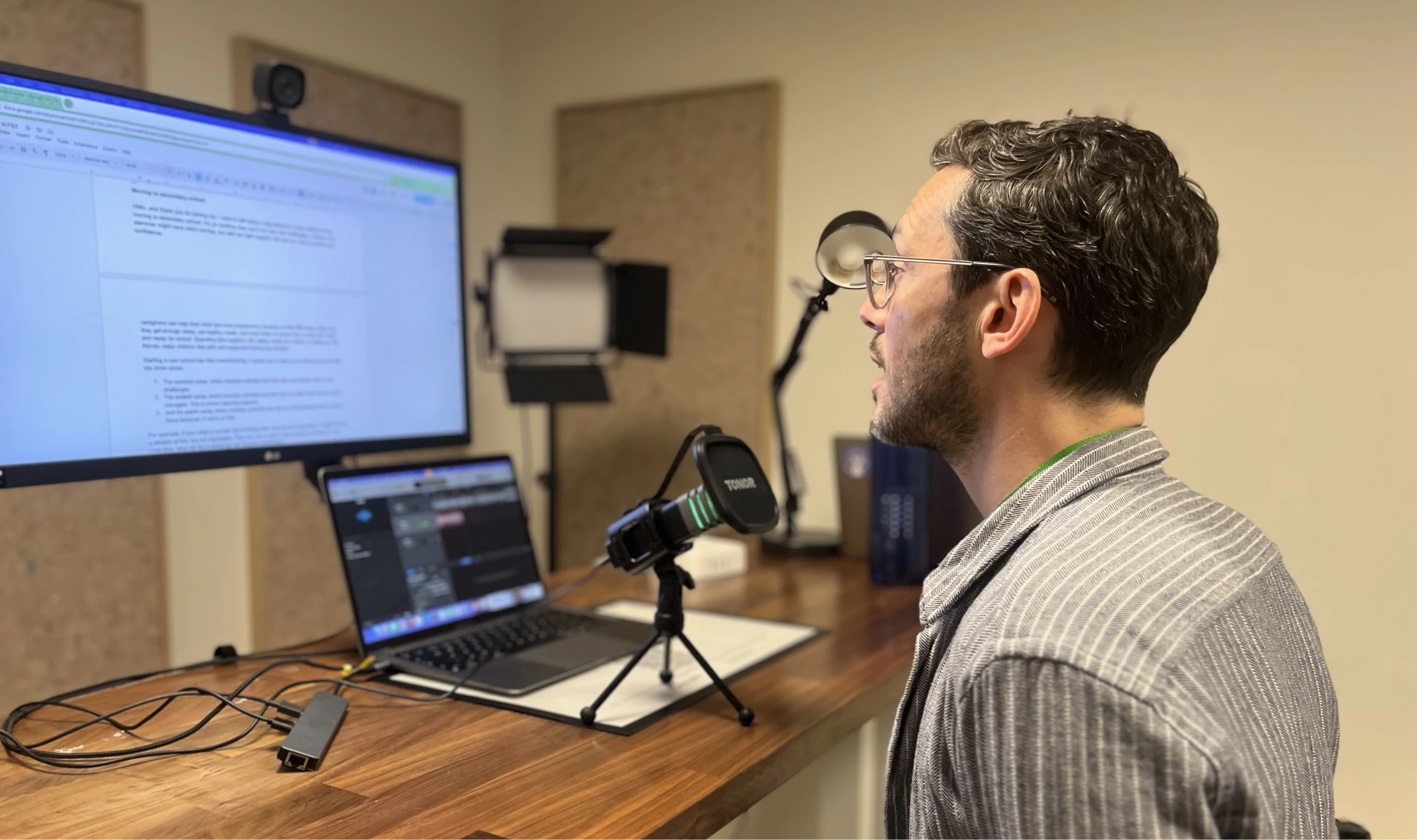 Recording original SuperPenguin voice guidance in the studio