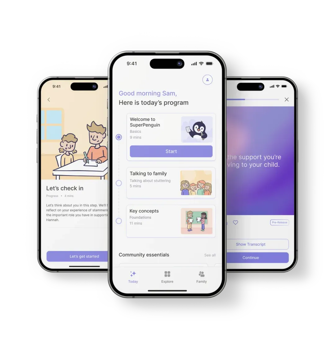 Three SuperPenguin app screens showing a family check-in, today’s program and an activity.