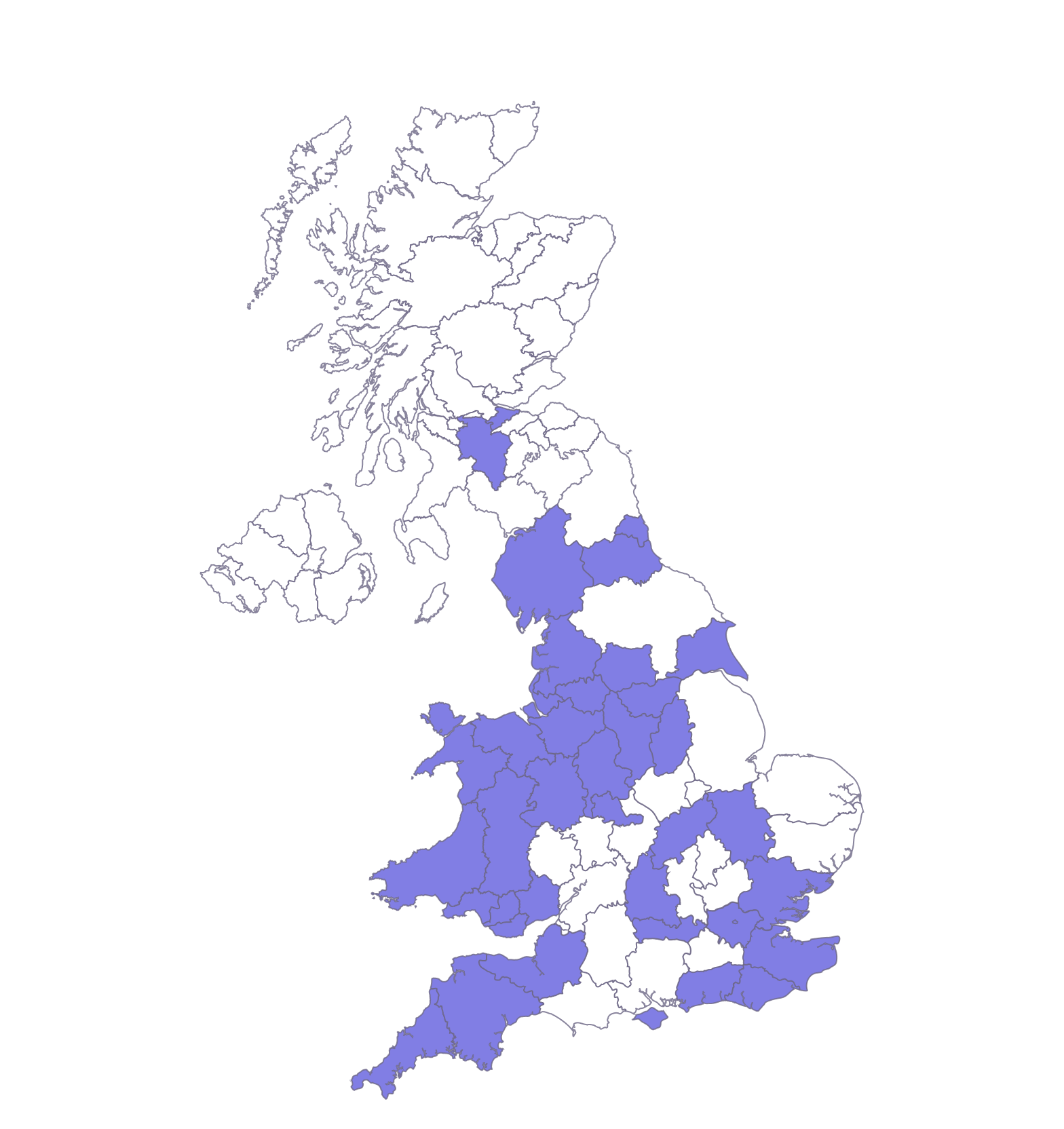 UK service experience map supplied by SuperPenguin, with areas highlighted in purple